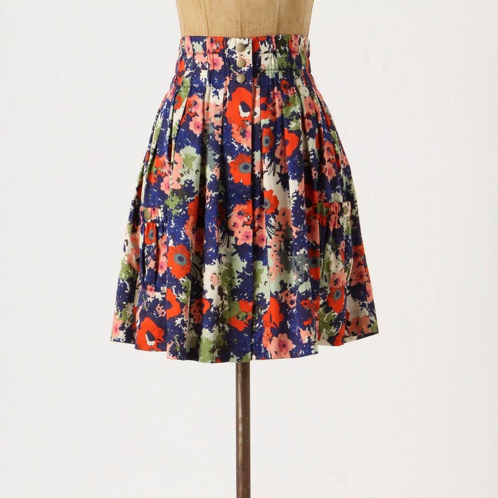 ANTHROPOLOGIE Apothecary Skirt Floral Full Cotton Smocked Waist w/Pockets